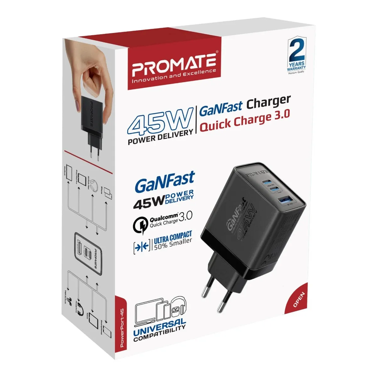 45W Power Delivery GaNFast™ Charger with Quick Charge 3.0