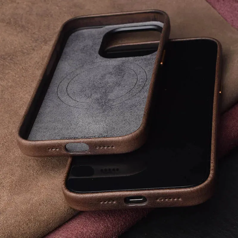 Vegetable-Tanned Leather Case for iPhone 15 Pro Max Quality iPhone 15 Pro Case Leather Strong Magnetic Charging Phone Back Cover