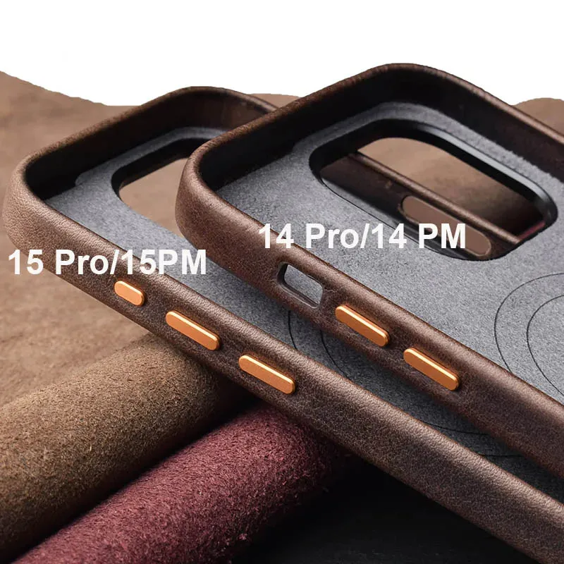 Vegetable-Tanned Leather Case for iPhone 15 Pro Max Quality iPhone 15 Pro Case Leather Strong Magnetic Charging Phone Back Cover