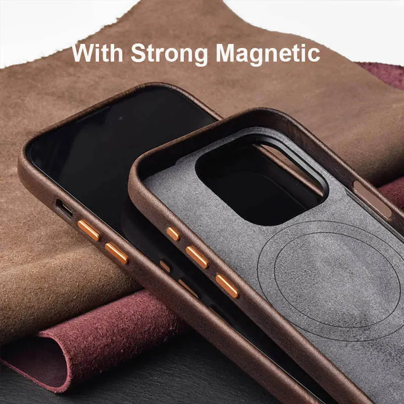 Vegetable-Tanned Leather Case for iPhone 15 Pro Max Quality iPhone 15 Pro Case Leather Strong Magnetic Charging Phone Back Cover